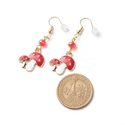 Red Alloy Enamel Mushroom with Glass Beaded Dangle Earrings EJEW-JE05049-1