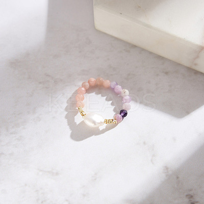 Natural Pink Opal & Lilac Jade Beaded Finger Rings RJEW-G331-01G-1