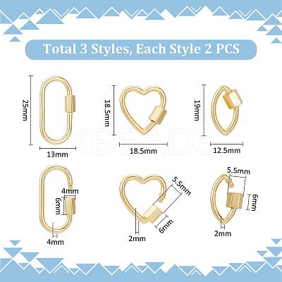 6Pcs 3 Styles Brass Screw Carabiner Lock Charms KK-UN0002-01-1