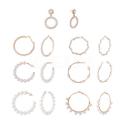 7 Pairs 7 Style Resin Pearl Beaded C-shape & Ring Dangle Stud Earrings FIND-KS0001-16-1