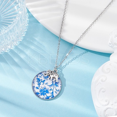 Steel Blue Glass Flat Round & Alloy Pendant Necklace NJEW-JN04453-02-1