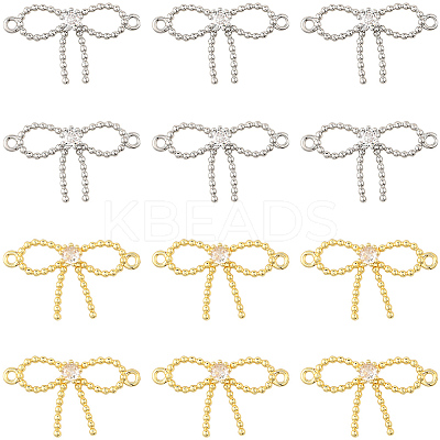 16Pcs 2 Colors Rack Plating Brass Pave Clear Cubic Zirconia Bowknot Connector Charms KK-SC0006-77-1