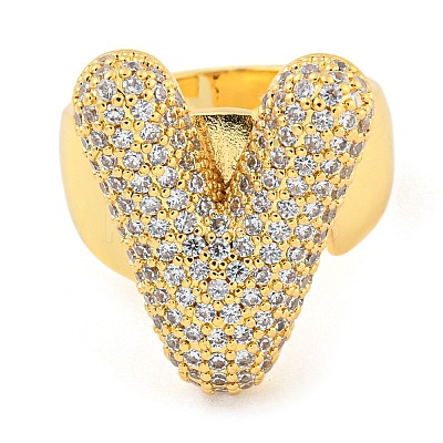 Brass Micro Pave Clear Cubic Zirconia Letter Open Cuff Ring for Women RJEW-M173-01G-V-1