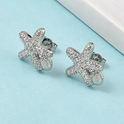 Brass Micro Pave Clear Cubic Zirconia Stud Earrings EJEW-A145-03C-P-1