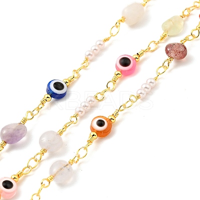 Natural Mixed Gemstone Nuggets & Colorful Glass Evil Eye Beaded Chain CHC-G017-11G-1