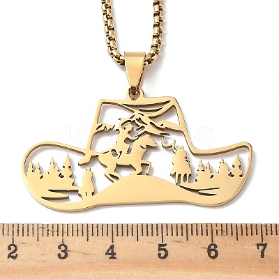 201 Stainless Steel Hollow Cowboy Hat Pendant Necklaces NJEW-H065-27G-1