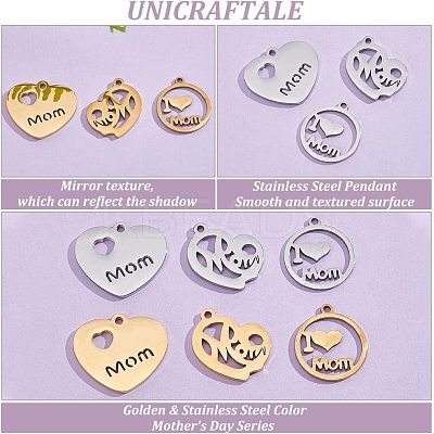 12Pcs 6 Style 304 Stainless Steel Pendants STAS-UN0039-83-1