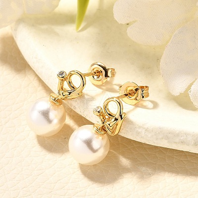 Round Brass Micro Pave Cubic Zirconia & ABS Plastic Pearl Dangle Stud Earrings EJEW-C126-06G-1