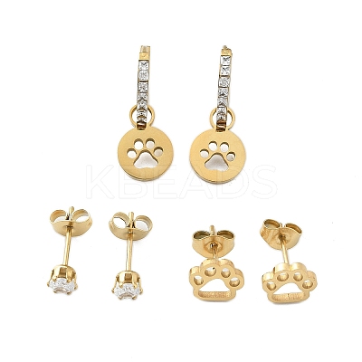 304 Stainless Steel Rhinestone Paw Print Earring Sets EJEW-Z098-24G-1