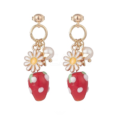 Natural Pearl & Alloy Enamel Flower & Lampwork Strawberry Dangle Stud Earrings EJEW-TA00143-1
