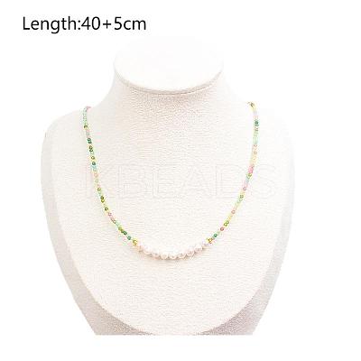 2MM Faceted Round Natural Green Tourmaline & Glass Pearl Beaded Necklaces for Women YX9478-1