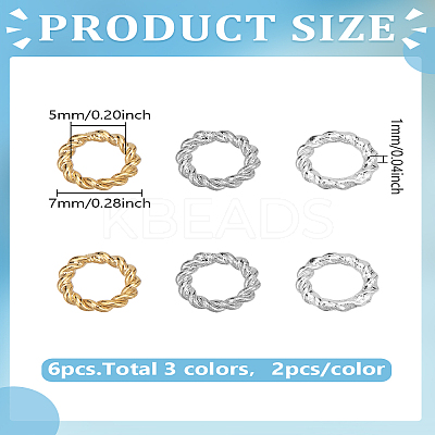 6Pcs 3 Colors 304 Stainless Steel Closed Jump Rings STAS-LP0004-80-1