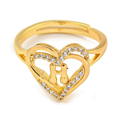 Heart with Letter Rack Plating Brass Micro Pave Clear Cubic Zirconia Adjustable Rings for Women RJEW-I105-01G-H-1