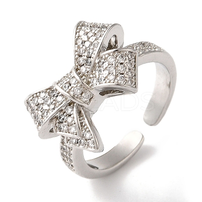 Bowknot Brass Micro Pave Clear Cubic Zirconia Open Cuff Rings for Women LS-RJEW-C098-13P-1