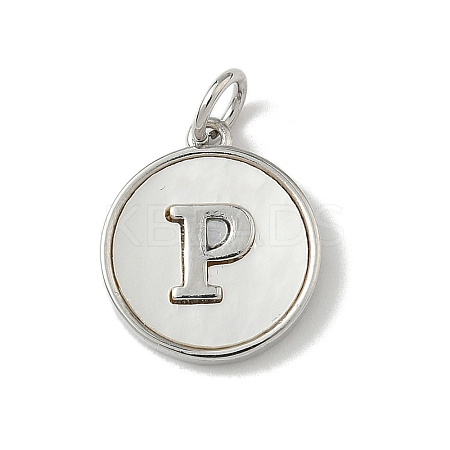 Brass Pave Natural Shell Flat Round with Letter Charms KK-Z115-13P-P-1