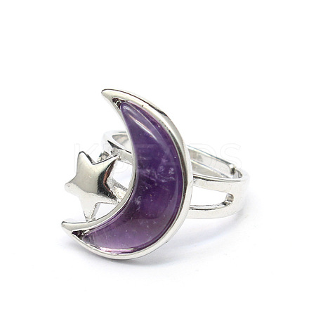 Moon & Star Natural Amethyst Adjustable Rings PW-WGCB712-06-1