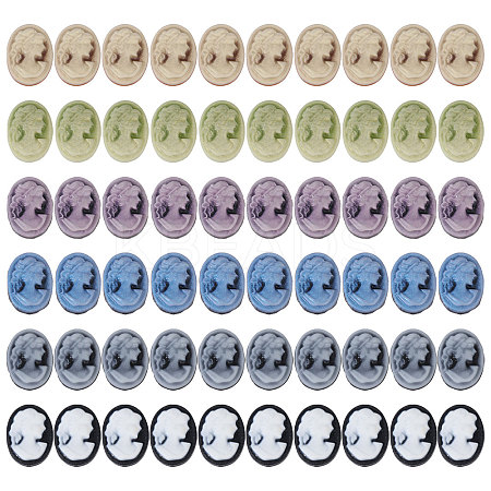 60Pcs 6 Colors Rertro Lady Cameo Resin Cabochons RESI-CA0001-73-1