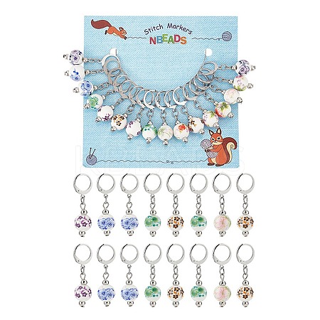 Round with Flower Pattern Handmade Printed Porcelain Ceramic Pendant Stitch Markers HJEW-AB00459-1