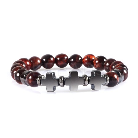 Round Dyed Natural Red Tiger Eye Beaded Stretch Bracelets ED3000-10-1