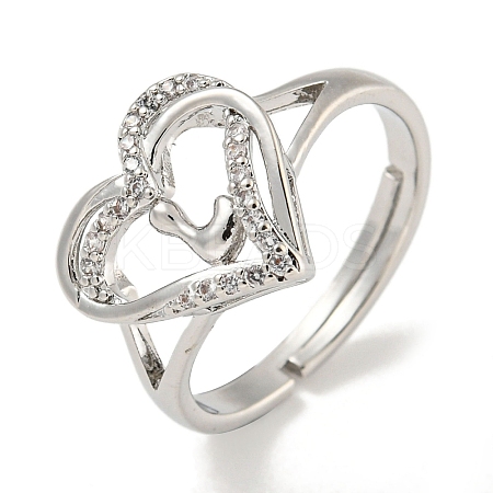Heart with Letter Rack Plating Brass Micro Pave Clear Cubic Zirconia Adjustable Rings for Women RJEW-I105-01P-L-1