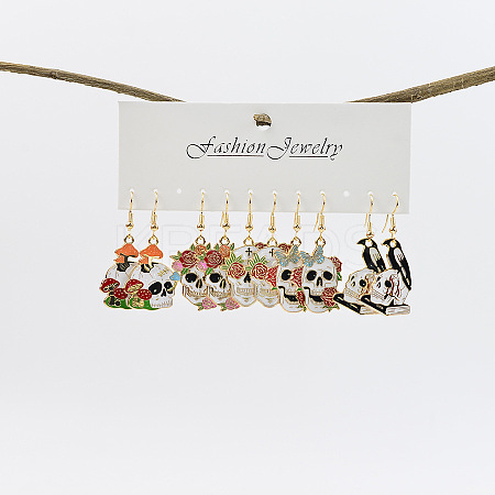 5 Pairs Halloween Skull Alloy Enamel Dangle Earrings FS-WGBF0DA-01-1