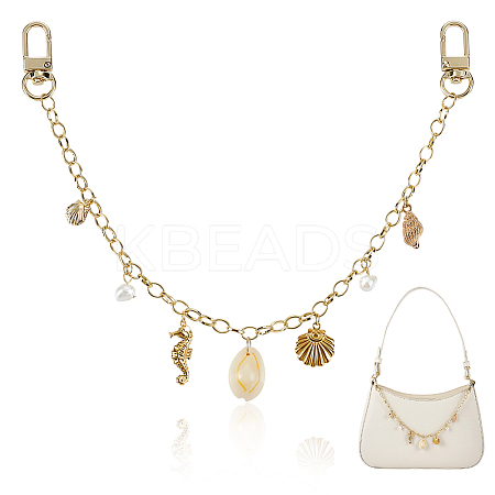 Alloy & 304 Stainless Steel & Natural Freshwater Pearl & Natural Cowrie Shell Sea Horse Charm Brass Cable Chain Bag Decorative Chains HJEW-ME00053-1