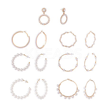 7 Pairs 7 Style Resin Pearl Beaded C-shape & Ring Dangle Stud Earrings FIND-KS0001-16-1