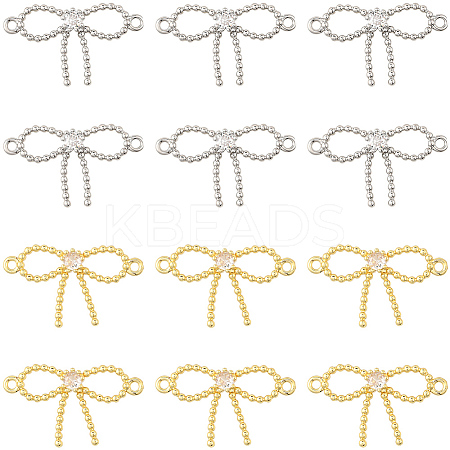 16Pcs 2 Colors Rack Plating Brass Pave Clear Cubic Zirconia Bowknot Connector Charms KK-SC0006-77-1