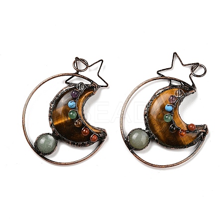 Natural Green Aventurine & Tiger Eye Brass Star Moon Big Pendants G-H316-01R-01-1