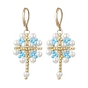 Flower with Cross 304 Stainless Steel Earrings Glass Seeds Leverback Earrings EJEW-MZ00507-04-3