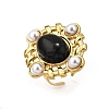 304 Stainless Steel with Natural Gemstone and Plastic Imitation Pearl Adjustable Cuff Rings for Women RJEW-Z096-02G-03-2