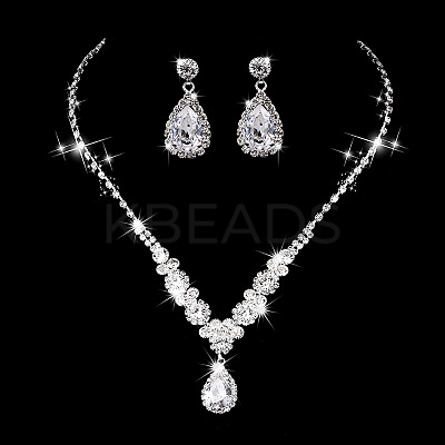 Teardrop & Flower Alloy Crystal Rhinestone Pendant Necklace & Stud Dangle Earrings Sets FS-WGA0F52-02-1