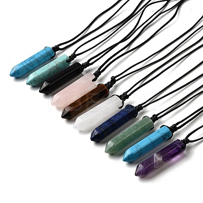 Natural & Synthetic Mixed Gemstone Faceted Bullet Pendant Waxed Cord Necklaces NJEW-Q030-01A-1