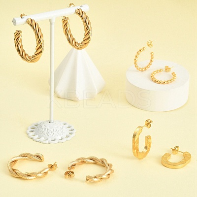 4 Pairs 4 Style 304 Stainless Steel Twist Rope & Oval & Ball Beaded C-shape Stud Earrings EJEW-TZ0001-01-1