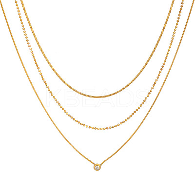 European 304 Stainless Steel Clear Cubic Zirconia Flat Round Pendant 3 Layer Necklaces for Women OW9189-1