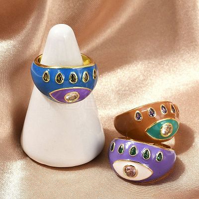 Brass Micro Pave Clear Cubic Zirconia Enamel Cuff Rings for Women RJEW-L113-040G-1