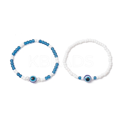 2Pcs 2 Styles Evil Eye Glass Beads Stretch Bracelets & Glass Seed Beads Stretch Bracelets for Women BJEW-JB11895-1