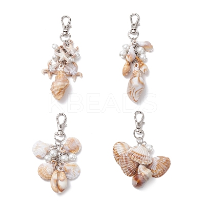 4Pcs 4 Styles Acrylic Starfish Conch Shell & Glass Pearl Pendant Decoration HJEW-JM03877-1