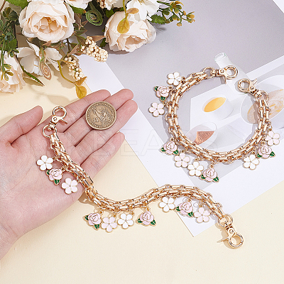 2Pcs Alloy Pink and White Enamel Flower Tassel Bag Decorative Chains AJEW-BBC0001-05-1