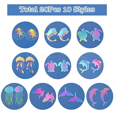 20Pcs 10 Styles Ion Plating(IP) 304 Stainless Steel Etched Metal Embellishments Pendants STAS-FS0001-53-1