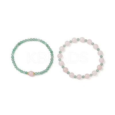 2Pcs Natural Green Aventurine & Rose Quartz Round Beaded Stretch Bracelets for Women BJEW-JB11926-1