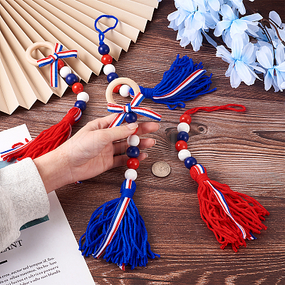 4Pcs 2 Style Independence Day Theme Wooden Ring & Woolen Yarn Tassels Pendant Decorations HJEW-CF0001-20-1