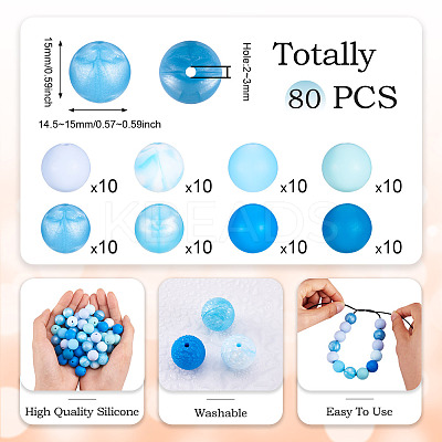 80Pcs 8 Colors Round Food Grade Eco-Friendly Silicone Focal Beads SIL-TA0001-95A-1