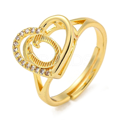 Heart with Letter Rack Plating Brass Micro Pave Cubic Zirconia Adjustable Rings for Women RJEW-I105-06G-O-1