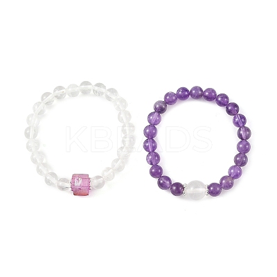 2Pcs 2 Styles Natural Amethyst & Quartz Crystal Round Beaded Stretch Bracelet Sets BJEW-TA00751-1
