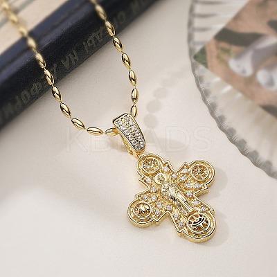 Brass Micro Pave Clear Cubic Zirconia Cross Pendant Necklaces for Women NJEW-K298-02A-G-1