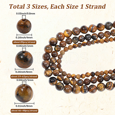 3 Strands 3 Styles Natural Grade AB Tiger Eye Round Beads Strands G-PA0001-38-1