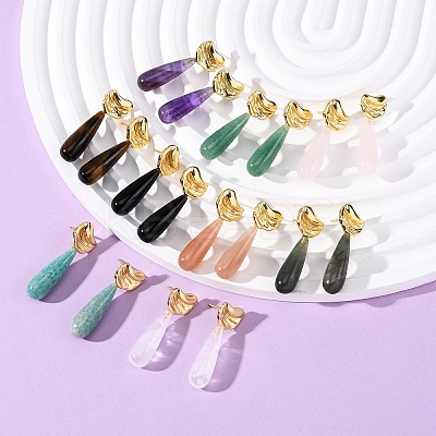Natural Mixed Stone Teardrop Dangle Stud Earrings EJEW-P320-01G-M-1