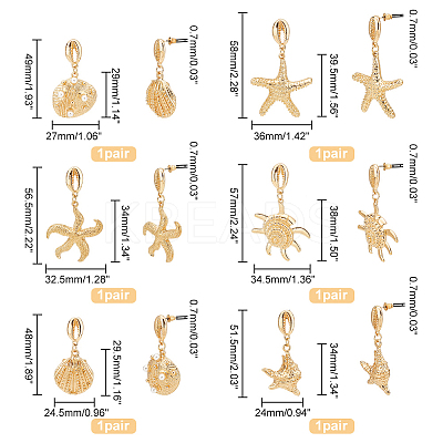 6 Pairs 3 Style Shell & Starfish Steel Asymmetrical Earrings with ABS Imitation Pearl Beaded EJEW-PH0001-15-1