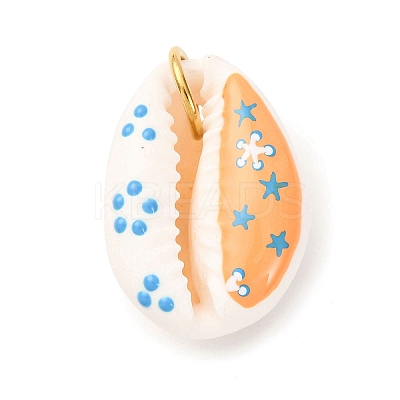 Printed Natural Cowrie Shell Pendants STAS-Z168-03G-06-1